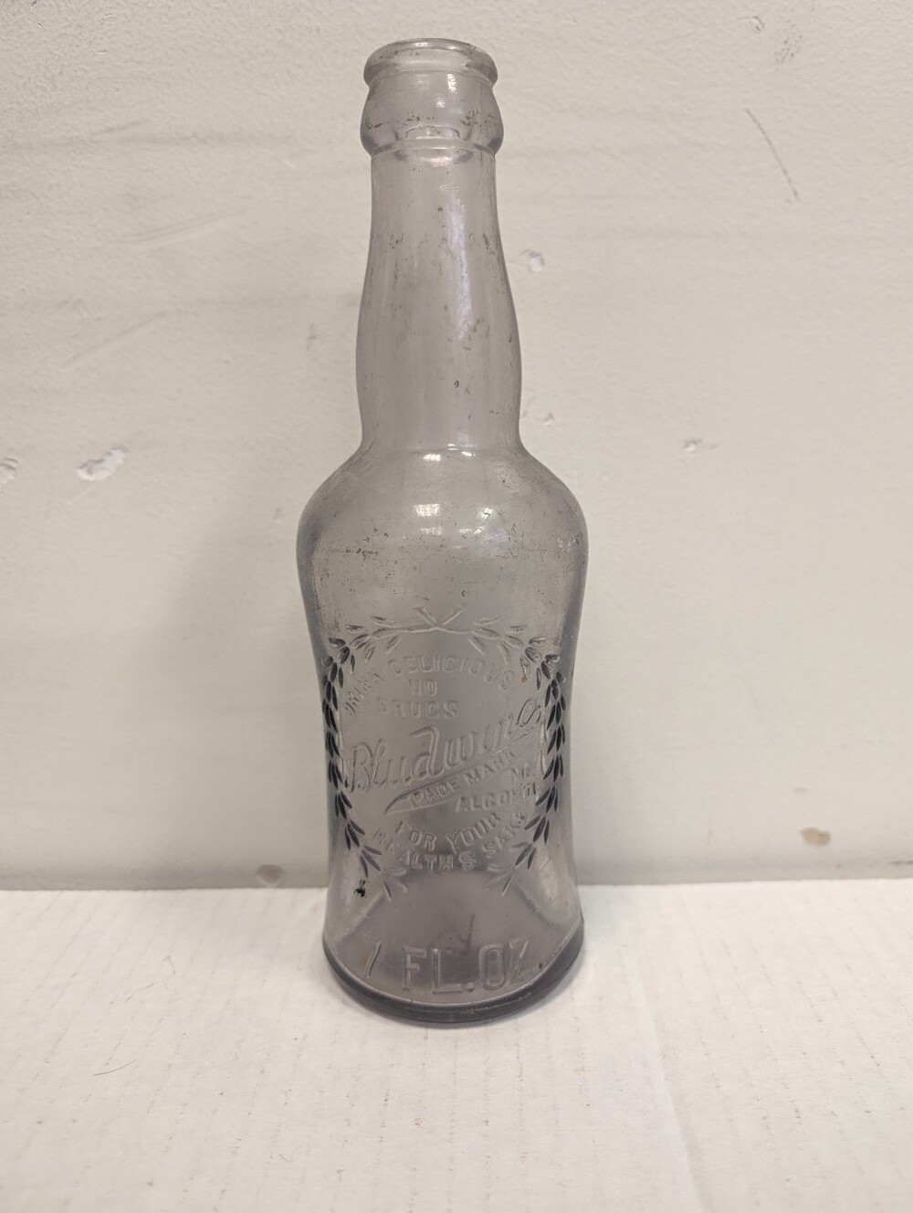 Antique 1910s Bludwine Soda Bottle 7 fl oz Embossed Wheat Wreath No Drugs Clear